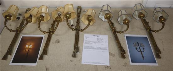 A set of five French Louis XVI brass rope and tassel design two-branch wall lights